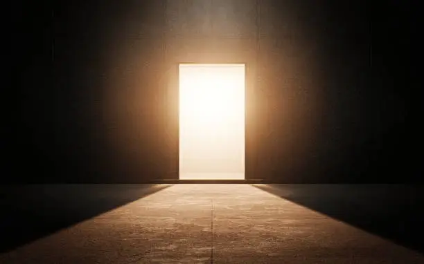 Photo of Light door in dark room. 3d render