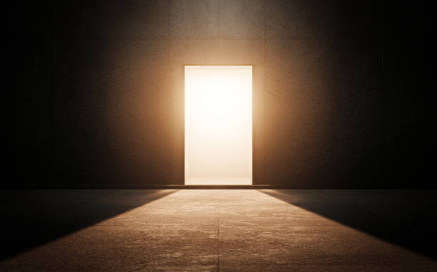 light door in dark room. 3d render - free entrance imagens e fotografias de stock