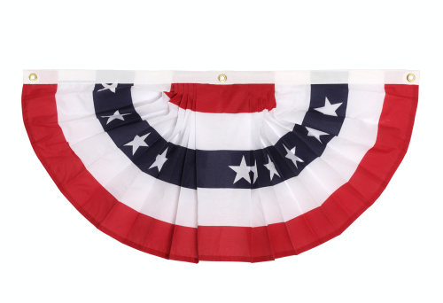 A US flag colored bunting decoration as is popular in major US holidays, isolated on white