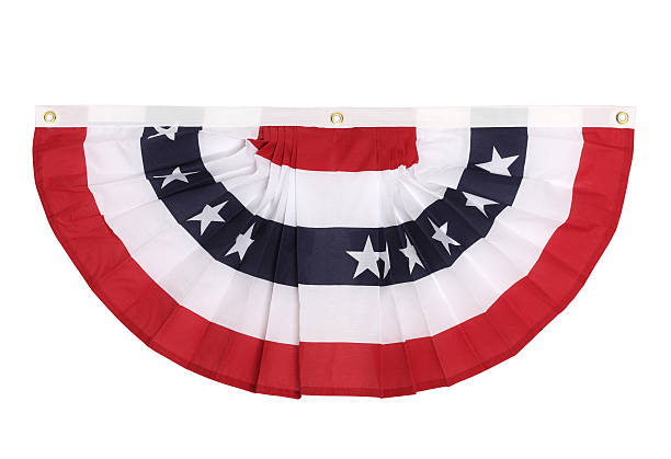Flag with red white and blue circles and white stars on blue A US flag colored bunting decoration as is popular in major US holidays, isolated on white american flag bunting stock pictures, royalty-free photos & images