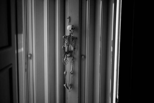 istock Toy skeleton hanged next to the door 1169897397