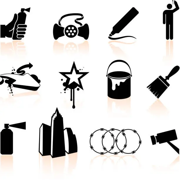 Vector illustration of Graffiti Artist black and white royalty free vector icon set