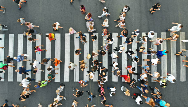istock Aerial. People crowd on pedestrian crosswalk. Top view background. 1169899418