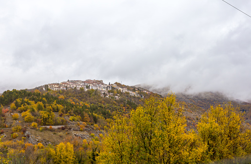 Barrea, Abruzzo, Italy. October 13, 2017. Documentary photograph of the country Barrea framed from afar