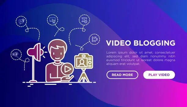 Vector illustration of Video blogging web page template: blogger films video on camera on tripod and using lighting. Modern vector illustration.