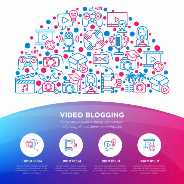 Vector illustration of Video blogging concept in half circle with thin line icons: vlog, ASMR, mukbang, unboxing, DIY, stream game, review, collaboration, podcast, tips and tricks. Vector illustration, web page template.