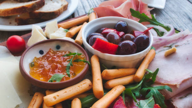 close up of mediterranean mixed platter to share - restaurant pasta italian culture dinner imagens e fotografias de stock