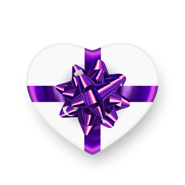 Realistic gift box for decorations. White gift box heart shaped with shiny purple bow in star shape and realistic falling shadow. Ready clipart object gift box for decoration design banner, poster, card, background and more. homemade gift boxes stock illustrations