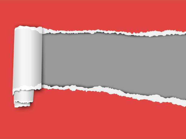 Oblong torn hole from right to left in red sheet of paper with shadow and paper curl. Dark gray resulting background. Vector paper mock up. Oblong torn hole from right to left in red sheet of paper with shadow and paper curl. Dark gray resulting background. Vector paper mock up. red ripped paper stock illustrations