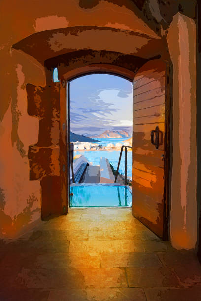 Blue door opened to a terrace with sea views.