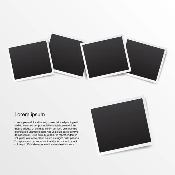 Vector illustration of empty photo frame with white border and black rectangle element on white background. polaroid or instant photo frame card mockup template decoration for design