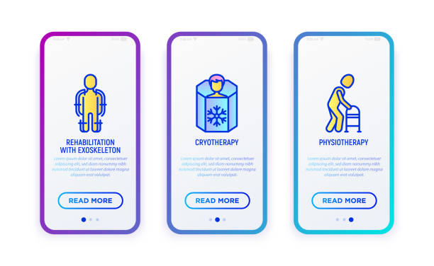 illustrazioni stock, clip art, cartoni animati e icone di tendenza di riabilitazione per set di icone di linea sottile disabili: esoscheletro, crioterapia, fisioterapia. illustrazione vettoriale per l'interfaccia mobile utente. - cryobiology