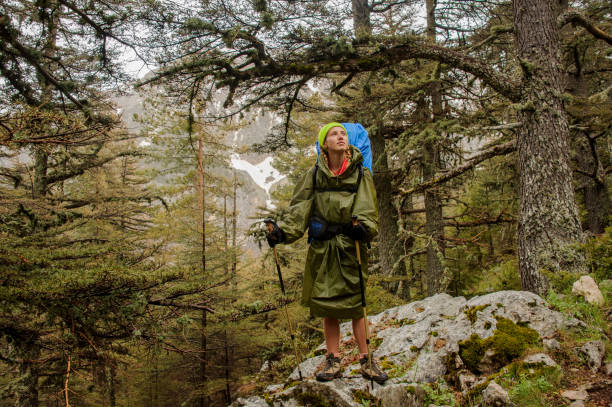 istock Female hiker in raincoat poses on rock 1169922583