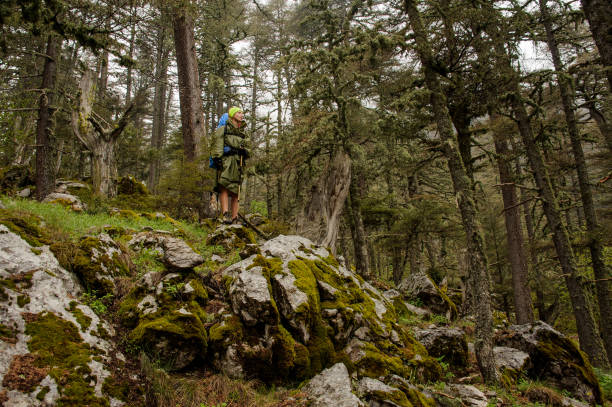 istock Female hiker in raincoat stands on cliff 1169922678