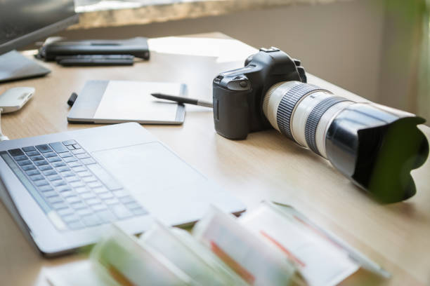 istock Professional photo studio equipment on table in sunny day 1169922902