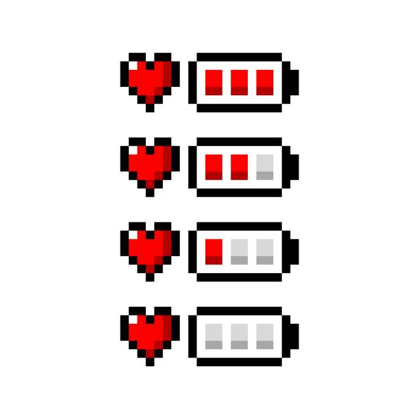 Pixel art heart and battery red icon 8-bit - isolated vector illustration isolated vector illustration - Pixel art heart and battery red icon 8-bit vector love care old stock illustrations