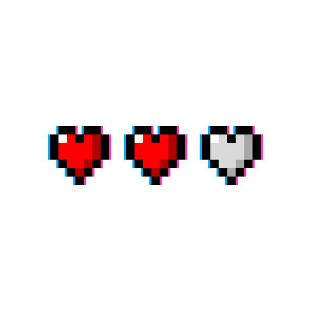 ilustraciones, imágenes clip art, dibujos animados e iconos de stock de pixel arte vida tres corazones rojo glitch set - ilustración vectorial aislada - bit