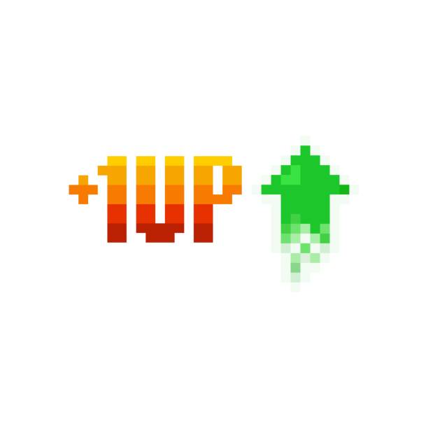 pixel art 1 ebene nach oben und grüner pfeil symbol auf weißem hintergrund - isolierte vektor-illustration - freizeitspiel grafiken stock-grafiken, -clipart, -cartoons und -symbole