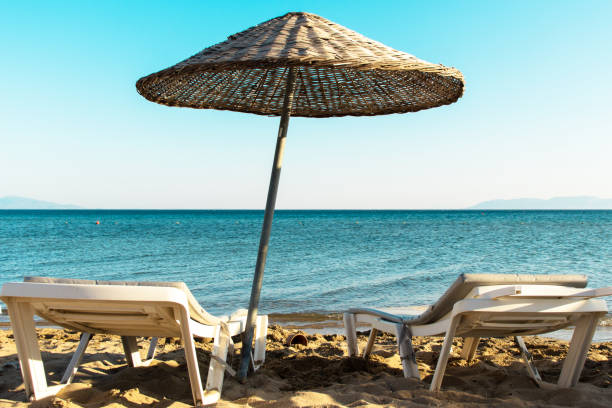 2 Sunbeds and 1 Umbrella By The Sea