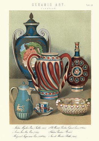 Vintage engraving of Examples of European ceramic art, Vases, tea cup, bowl. Italian Majolica vase, Wedgewood Jasperware case, Worcester porcelain, Chelsea porcelain, Gres de Flanders bottle