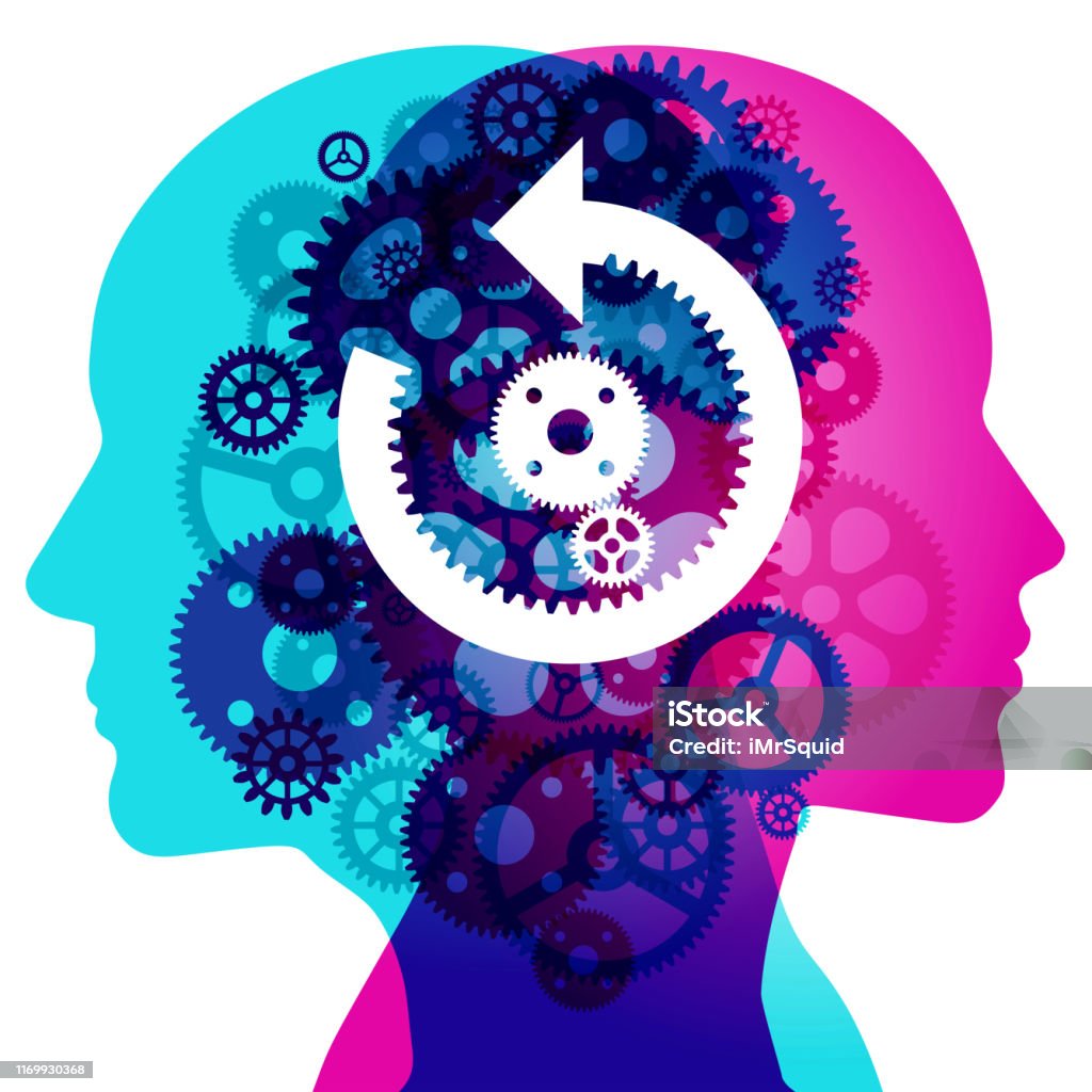 Mental Gears - Reverse A Male and Female side silhouette profile overlaid with various semi-transparent Machine Gears shapes. Centre placed are white “rewind and 2 gear” symbols. Learning stock vector