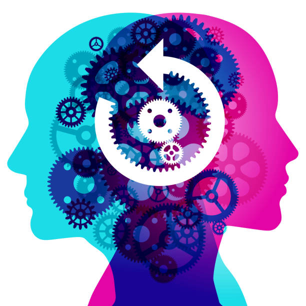 A Male and Female side silhouette profile overlaid with various semi-transparent Machine Gears shapes. Centre placed are white “rewind and 2 gear” symbols.