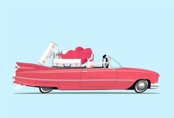 Vector illustration of Traveler redhead girl is driving a red car with luggage on backseats.