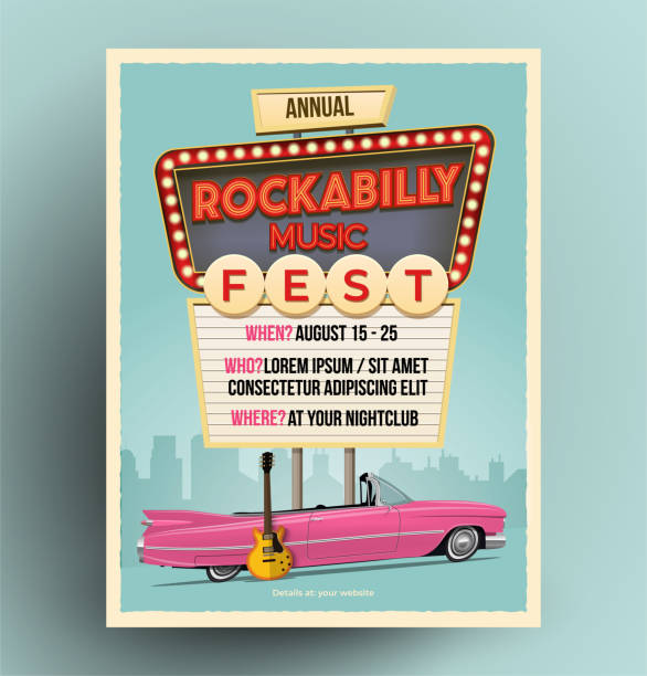 Rockabilly music festival or party or concert promo poster. Rockabilly music festival or party or concert promo poster. Flyer template. Vintage styled vector illustration. pin up girls and cars stock illustrations