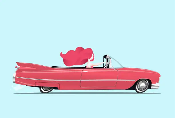 Vector illustration of Redhead girl is driving a classic red cabriolet car.