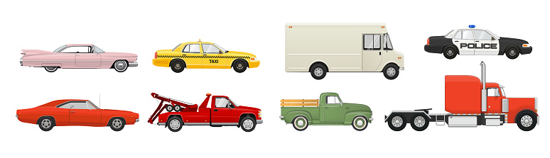 Retro Vintage Side View Cars Set. Muscle Car. Pickup Truck. Taxi Car. Pink Car. Isolated cars set on white background. Vector illustration.