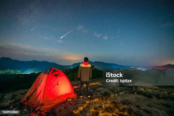 Watch The Perseid Meteor Shower In 2019 On The Beacon Tower Of The Great Wall In China Stock Photo - Download Image Now