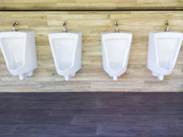 Porcelain urinal row. Porcelain urinal row in the public restroom of the gas Station. flushing valve public restroom toilet stock pictures, royalty-free photos & images