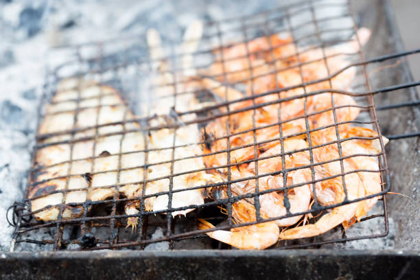 Shrimps, prawns fish on the grill, Morocco