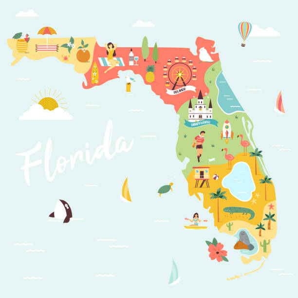 An Illustrated map of Florida with destinations Illustrated map of Florida with monuments, fauna, flora. American state with symbols, cities and destinations. Bright design, banner, poster florida stock illustrations