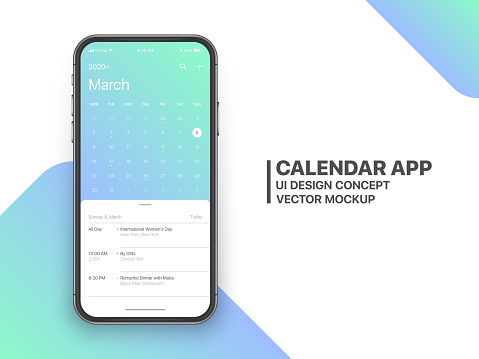 Calendar App Concept March 2020 Page with To Do List and Tasks UI UX Design Mockup Vector on Frameless Smartphone Screen Isolated on White Background. Planner Application Template for Mobile Phone
