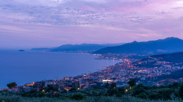 A landscape/cityscape from the Liguria region at sunset. stock photo