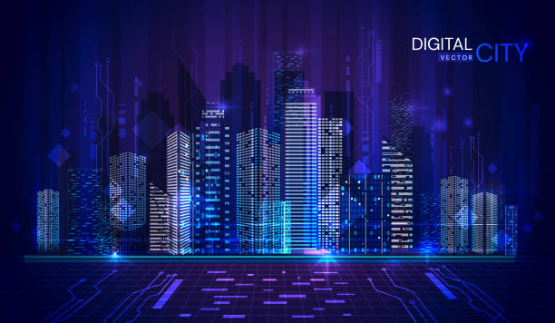 Panorama banner of Digital City at twilight in cool blue tones with lights illuminated in the high-rise buildings of the central business district, vector illustration. Panorama banner of Digital City at twilight in cool blue tones with lights illuminated in the high-rise buildings of the central business district, vector illustration building technology stock illustrations