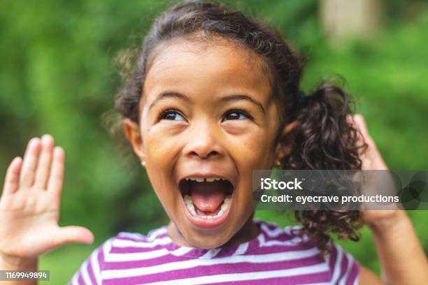 Four Year Old African American Chinese Ethnicity Girl Posing For Portrait In Lush Green Outdoor Back Yard Setting Stock Photo - Download Image Now