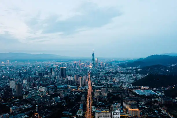 Skyline of taipei city in downtown Taipei, Taiwan.