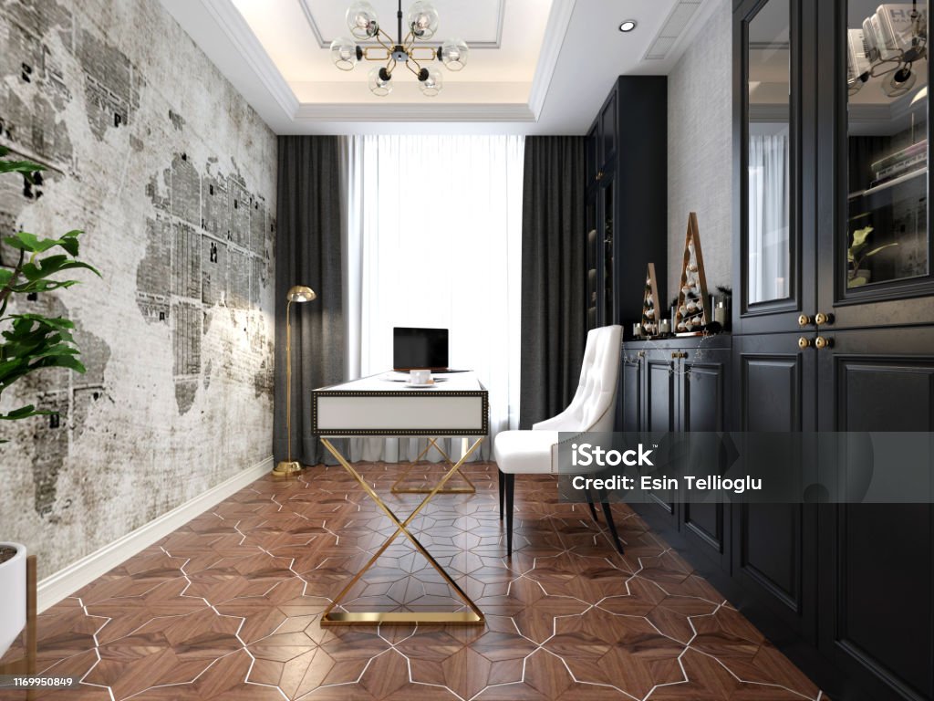 3d render. Study and work room interior. Home Office Stock Photo