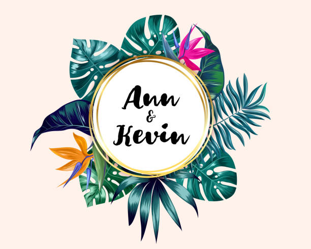 istock Vector Tropical palm leaves and flower invitation. Jungle round design template for weddind or party flyer with trendy summer tropical nature. Vector illustration. EPS 10 1169954390