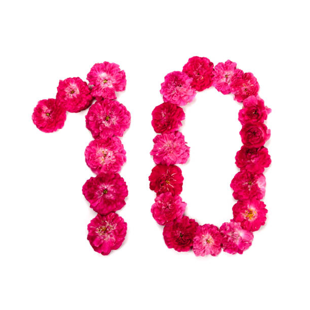 Number 10 in red and pink rose flowers, typographic design element.