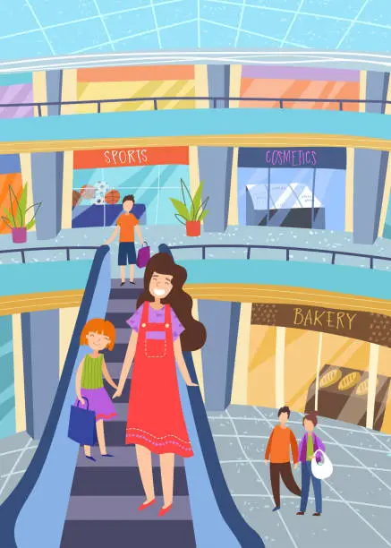 Vector illustration of Young mother shopping with her little daughter holding hands as they descend on an indoor escalator