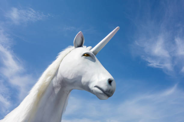 unicorno animale magico dalle fiabe e simbolo delle startup più apprezzate per il business. cavallo misterioso con corno su sfondo cielo blu - horse animal head animal sky foto e immagini stock
