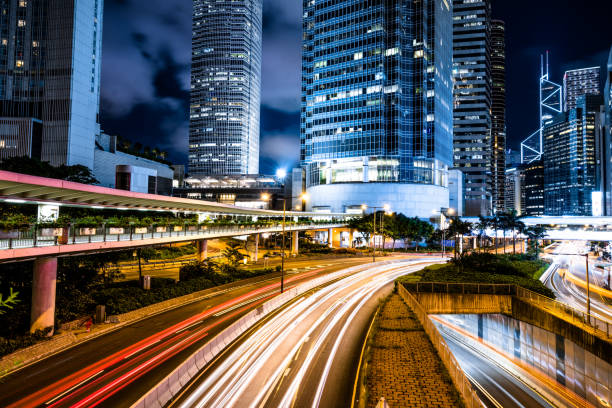 hong kong night city - city vitality speed highway imagens e fotografias de stock