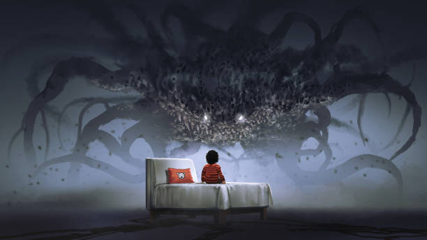 facing a nightmare monster nightmare concept showing a boy on the bed facing a giant monster in the dark land, digital art style, illustration painting spooky illustrations stock illustrations