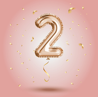 Elegant Pink Greeting celebration two years birthday Anniversary number 2 foil gold balloon. Happy birthday, congratulations poster.   Golden numbers with sparkling golden confetti. Vector