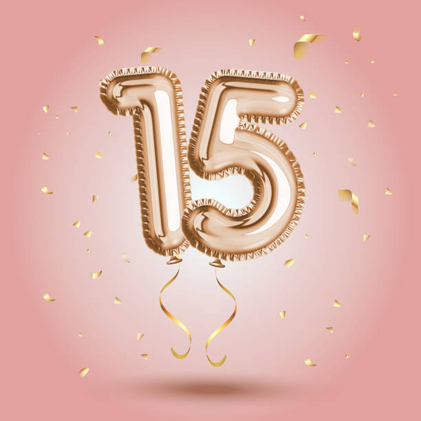 luksusowe różowe powitanie piętnaście lat urodziny rocznica numer 15 folia złoty balon. wszystkiego najlepszego, plakat z gratulacjami.   złote numery z błyszczącym złotym konfetti - number 15 stock illustrations