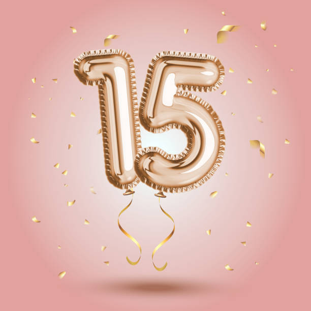 Luxury Pink Greeting celebration fifteen years birthday Anniversary number 15 foil gold balloon. Happy birthday, congratulations poster.   Golden numbers with sparkling golden confetti Luxury Pink Greeting celebration fifteen years birthday Anniversary number 15 foil gold balloon. Happy birthday, congratulations poster.   Golden numbers with sparkling golden confetti number 15 stock illustrations