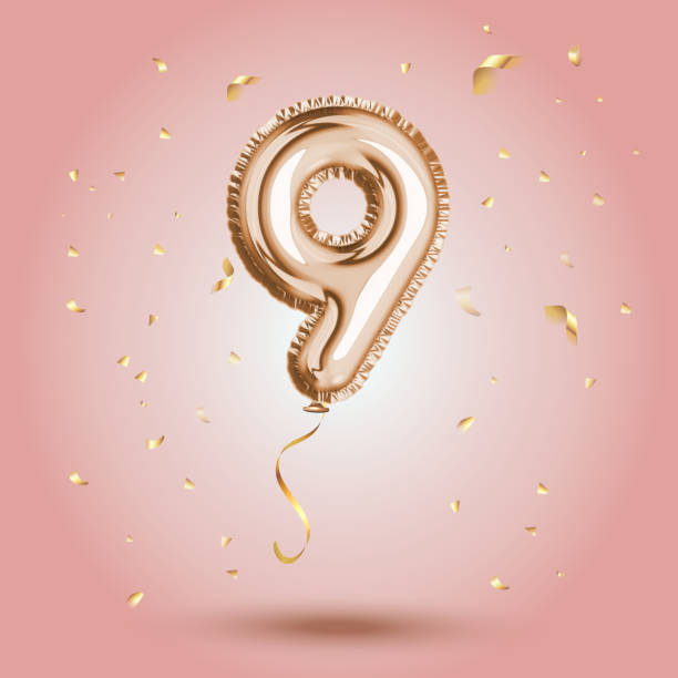 Elegant Pink Greeting celebration nine years birthday Anniversary number 9 foil gold balloon. Happy birthday, congratulations poster.   Golden numbers with sparkling golden confetti. Vector Elegant Pink Greeting celebration nine years birthday Anniversary number 9 foil gold balloon. Happy birthday, congratulations poster.   Golden numbers with sparkling golden confetti. Vector travel9 stock illustrations